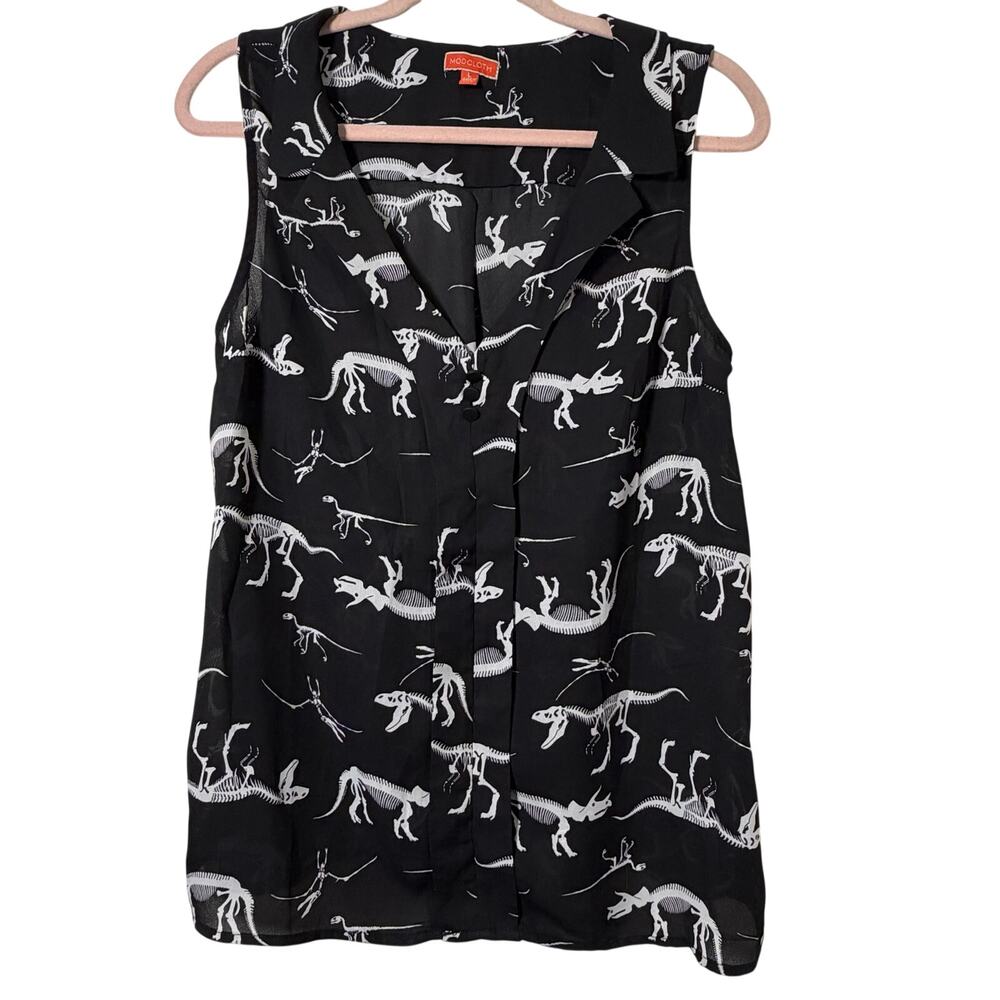 Lg ModCloth Dinosaur Skeleton Top Sheer Black Sleeveless Button Down Whimsigoth